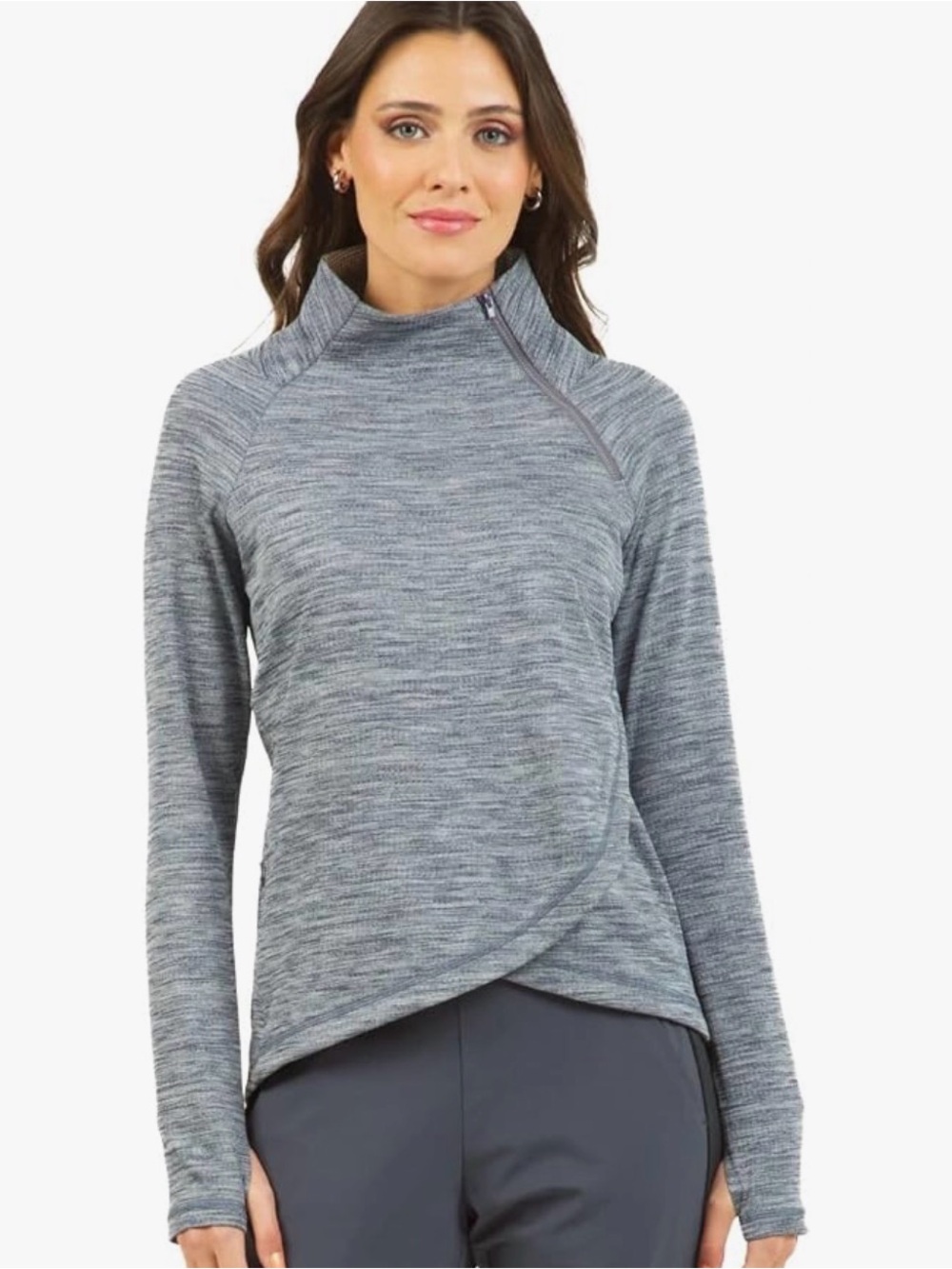 IBKUL Women’s Asymmetrical Heather Gray Long Sleeve Zip Neck Pullover - Large